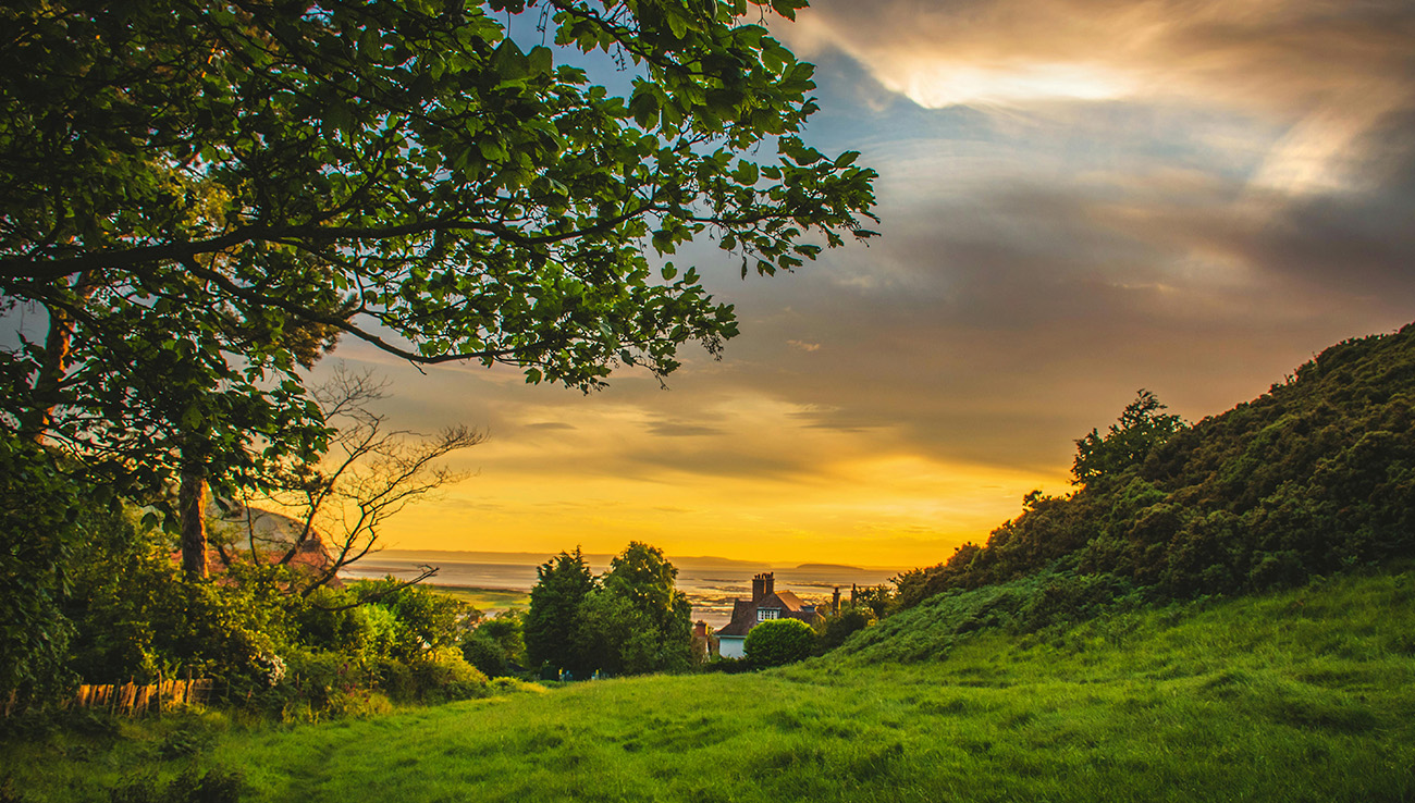 Golden summer evening landscape, peaceful view for summer candle rituals